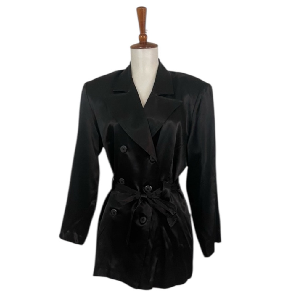 90s Satin Double Breasted‎ Trench Women’s M Belted Short Vintage Jacket Chic